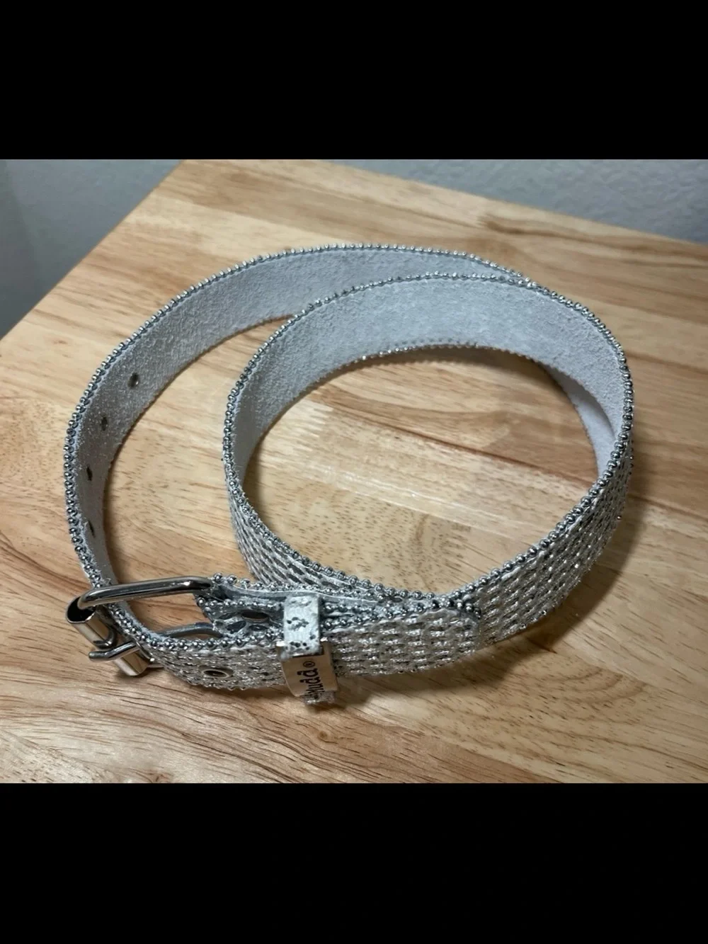 Y2K Mudd White Leather Bling Belt Glitter Zipper Edge Women’s XL